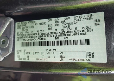 2016 Ford Escape Titanium from USA, damaged, VIN 1FMCU0J99GUC91269